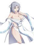  1girl acchan armpits bare_shoulders bow breasts cleavage collarbone cowboy_shot grey_hair hair_bow highres large_breasts light_blue_eyes long_sleeves looking_at_viewer medium_hair off-shoulder_kimono parted_lips senran_kagura side_slit solo white_bow wide_sleeves yumi_(senran_kagura) 