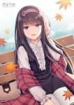  1girl :d autumn_leaves bench black_dress black_hair blush book center_frills character_request collared_shirt commentary_request dress frills fringe_trim hairband hand_up hitsuki_rei leaf long_hair long_sleeves looking_at_viewer maple_leaf on_bench open_book open_mouth park_bench plaid purple_eyes purple_hairband shawl shirt sitting sitting_on_bench sleeveless sleeveless_dress sleeves_past_wrists smile snowdreams_-lost_in_winter- solo sparkle very_long_hair white_shirt 