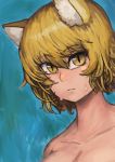  1girl absurdres animal_ears blonde_hair blue_background blush breasts chanta_(ayatakaoisii) cleavage closed_mouth collarbone fox_ears highres huge_filesize looking_at_viewer nose_blush nude portrait short_hair simple_background slit_pupils solo sweat touhou yakumo_ran yellow_eyes 
