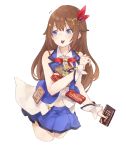  1girl blue_eyes brown_hair candy candy_bar chocolate cropped_legs eating flying_sweatdrops food hair_ornament highres holding holding_candy holding_food hololive kase_(kurimuzone_oruta) long_hair looking_to_the_side navel simple_background solo spilling star_(symbol) star_hair_ornament tokino_sora virtual_youtuber white_background wrist_cuffs 
