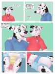  101_dalmatian_street 101_dalmatians absurd_res anthro bodily_fluids canid canine canis comic dalmatian diaper diaper_change disney domestic_dog english_text father feces genital_fluids hi_res infantilism male mammal messy_diaper parent pukaa soiled_diaper soiling text urine wet wet_diaper wetting young 