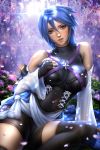  1girl aqua_(kingdom_hearts) ayya_saparniyazova blue_eyes blue_hair breasts corset detached_sleeves flower impossible_clothes impossible_shirt kingdom_hearts large_breasts looking_at_viewer petals shirt short_hair shorts solo tagme thighhighs 