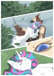  absurd_res anthro avian breasts collision comic duo equid equine female gryphon hi_res horn male mammal mythological_avian mythology nodachi nude okata plant shrub surprise tackle tail_tuft thick_thighs tuft unconscious unicorn winged_arms wings 