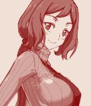  1girl apron bangs beige_background breasts from_side gundam gundam_build_fighters iori_rinko large_breasts long_hair looking_at_viewer lowres monochrome pochiiru_(uowou) ponytail ribbed_sweater short_bangs smile solo sweater tied_hair turtleneck 