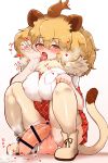  1girl animal_ears bar_censor between_breasts blonde_hair blush breasts brown_hair censored commission covered_nipples cum cum_in_mouth cum_on_floor cum_on_hands cum_on_tongue eyebrows_visible_through_hair fang foreskin fur_trim futanari hair_between_eyes half-closed_eyes heart highres huge_penis kemono_friends large_breasts large_testicles licking lion_(kemono_friends) lion_ears lion_girl lion_tail looking_at_viewer multicolored_hair necktie no_panties open_mouth penis phimosis pleated_skirt red_skirt sagging_testicles shirt short_sleeves skeb_commission skirt solo tail tanaka_kusao testicles thighhighs veins veiny_penis white_shirt 