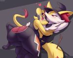  &lt;3 2020 3_toes ambiguous_gender anthro big_butt black_nose blush bow_tie braixen butt clothing cooliehigh cuddling duo hat headgear headwear hi_res mienfoo nintendo pok&eacute;mon pok&eacute;mon_(species) red_eyes red_nose toes two_tone_tail video_games witch_hat yellow_body 