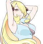  1girl armpits arms_behind_head blonde_hair blue_shirt blush breasts brown_eyes chorimokki cleavage cynthia_(pokemon) hair_ornament hair_over_one_eye large_breasts long_hair pokemon shirt simple_background solo white_background 