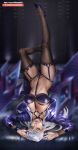 1girl black_legwear blurry_foreground breasts cleavage cropped_jacket earrings evelynn_(league_of_legends) eyeshadow garter_straps high_heels highres jacket jewelry k/da_(league_of_legends) large_breasts league_of_legends legs lips lipstick long_hair looking_at_viewer makeup ming_xing open_clothes open_jacket revealing_clothes silver_hair solo the_baddest_evelynn thighhighs upside-down yellow_eyes 