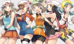  5girls aqua_shirt bandana beanie bike_shorts black_hair black_wristband blush breasts brown_eyes brown_hair bucket_hat closed_mouth dawn_(pokemon) eyelashes gloves hands_on_hips hat hat_ribbon holding holding_poke_ball kris_(pokemon) leaf_(pokemon) long_hair looking_at_viewer lyra_(pokemon) may_(pokemon) multiple_girls open_mouth overalls pleated_skirt poke_ball poke_ball_(basic) pokemon pokemon_(game) pokemon_dppt pokemon_emerald pokemon_frlg pokemon_gsc pokemon_hgss pokemon_rse red_skirt ribbon ririmon scarf shirt skirt sleeveless sleeveless_shirt smile symbol_commentary teeth thighhighs tongue tongue_out twintails w white_headwear wristband 