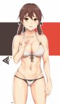 1girl arciealbano bikini breasts brown_eyes brown_hair cleavage collarbone commentary_request cowboy_shot english_commentary gertrud_barkhorn highres large_breasts long_hair mixed-language_commentary multicolored multicolored_background navel solo standing strike_witches swimsuit twintails white_bikini world_witches_series 