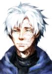  1boy ahoge blue_eyes closed_mouth face fate/zero fate_(series) grey_eyes half-closed_eyes heterochromia lossehelin male_focus matou_kariya signature simple_background solo turtleneck upper_body veins white_background white_hair 