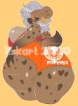  anthro big_breasts big_butt breasts butt curvy_figure ear_piercing ear_ring ezukapizumu female grey_eyes hi_res holding_butt huge_breasts huge_butt hyaenid mammal piercing popeyes silver_(ezukapizumu) simple_background solo spotted_hyena thick_thighs voluptuous watermark yellow_background 