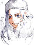  1girl absurdres ainu ainu_clothes apostle2408 asirpa bandana blue_eyes blue_hair cape earrings eyebrows face fur_cape golden_kamuy highres hoop_earrings jewelry light long_hair portrait solo 