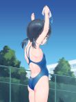  1girl arms_up ass back back_cutout bangs black_hair blue_eyes blue_sky blue_swimsuit blush building chain-link_fence clothing_cutout competition_swimsuit cowboy_shot day eyebrows_visible_through_hair facing_away fence flat_chest from_behind goggles highleg highleg_swimsuit highres holding holding_goggles looking_away makigai one-piece_swimsuit original outdoors parted_lips profile shoulder_blades sky solo standing swim_cap swim_cap_removed swimsuit tree twintails 