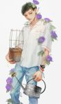  1boy black_hair blue_pants bracelet breast_pocket brown_eyes collared_shirt feet_out_of_frame flower highres holding holding_pot holding_watering_can jewelry leaf masuoka_chico mole mole_under_mouth morning_glory original pants plant pocket pot purple_flower shadow shirt short_hair short_sleeves simple_background solo vines watch watering_can white_background white_shirt wristwatch 