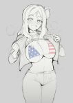  1girl :d american_flag_bikini american_flag_bikini_top bangs bikini bikini_top blush breasts breasts_outside breath check_commentary clothes_lift commentary_request cowboy_shot cross cross_necklace exhibitionism flag_print greyscale heavy_breathing highres jacket jewelry large_breasts looking_at_viewer love_live! love_live!_sunshine!! medium_hair monochrome navel necklace ohara_mari open_clothes open_jacket open_mouth pants parted_bangs sian sidelocks sketch smile solo spot_color standing steaming_body stomach sweat sweater sweater_lift swimsuit 