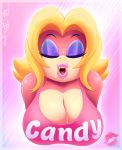  anthro big_breasts bodily_fluids breasts bust_portrait candy_kong cleavage clothed clothing cum cum_on_breasts cum_on_face donkey_kong_(series) english_text eyes_closed female genital_fluids hi_res kiss_mark kong mammal nintendo open_mouth portrait primate sirredbenjamin solo text video_games 