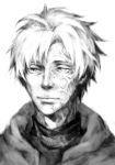  1boy ahoge closed_mouth face fate/zero fate_(series) greyscale half-closed_eyes heterochromia lossehelin male_focus matou_kariya monochrome simple_background solo turtleneck upper_body veins white_background 