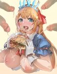  1girl :d blonde_hair blue_eyes blush bow_(bhp) breasts bukkake collared_shirt cropped_torso crown cum cum_in_mouth cum_on_food cum_on_tongue ejaculation erection erection_under_clothes facial food gloves hair_ornament hamburger hands_up holding holding_food large_breasts long_hair looking_at_viewer multiple_penises nipples open_mouth pecorine_(princess_connect!) penis princess_connect! princess_connect!_re:dive projectile_cum puffy_short_sleeves puffy_sleeves shirt short_sleeves smile solo_focus upper_body white_gloves wing_collar yellow_background 