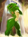  absurd_res ambiguous_gender animal_genitalia animal_humanoid anthro bathing big_butt butt dclzexon eyelashes featureless_chest genital_slit genitals green_body green_scales hi_res horn humanoid kobold long_eyelashes long_tail lyric_(corruption_of_champions_2) nude scales scalie scalie_humanoid slim slit solo waterfall waterfall_shower wet yellow_body yellow_scales 