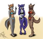  anthro bikini black_bikini black_clothing black_swimwear bloodline bloodline_(webcomic) blue_bikini blue_body blue_clothing blue_fur blue_swimwear brown_body brown_fur canid canine canis chest_tuft clothed clothing confident dekaisen ember_(bloodline) female fox fur green_eyes grey_body grey_fur group hair hi_res hyaenid looking_at_viewer mammal red_bikini shy side_tie_bikini sil_(bloodline) simple_background smile striped_body striped_fur striped_hyena stripes swimwear tuft vivian_(bloodline) white_body white_fur wolf yellow_eyes 