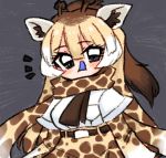  1girl :q animal_ear_fluff animal_ears bangs belt black_eyes blonde_hair blue_tongue brown_hair brown_neckwear commentary english_commentary eyebrows_visible_through_hair giraffe_ears giraffe_girl giraffe_horns giraffe_print grey_background hair_between_eyes high-waist_skirt horns kelalapa kemono_friends long_hair long_sleeves looking_at_viewer multicolored_hair necktie ponytail print_scarf print_skirt print_sleeves reticulated_giraffe_(kemono_friends) scar scarf shirt short_over_long_sleeves short_sleeves simple_background skirt solo tongue tongue_out white_hair white_shirt 