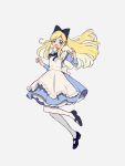  1girl alice_(wonderland) alice_in_wonderland apron black_bow black_footwear black_neckwear black_ribbon blonde_hair blue_dress blue_eyes blush bow dress floating_hair frilled_apron frills hair_bow hands_up highres kisaragi_yuu_(fallen_sky) long_sleeves open_mouth pantyhose ribbon shoes signature simple_background solo white_apron white_background white_legwear 