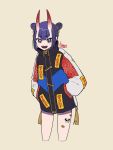  1girl alternate_costume bangs double_bun fate/grand_order fate_(series) hands_in_pockets highres horns jacket kisaragi_yuu_(fallen_sky) looking_at_viewer oni oni_horns open_mouth print_jacket purple_eyes purple_hair red_horns short_eyebrows short_hair shuten_douji_(fate/grand_order) sidelocks signature simple_background skin-covered_horns smile solo tan_background tassel 