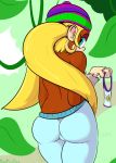  anthro beanie butt clothed clothing davidsanchan donkey_kong_(series) female hat headgear headwear hi_res kong looking_at_viewer looking_back mammal nintendo pigtails primate signature solo sweatpants tiny_kong topless video_games 