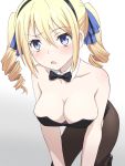  1girl angelina_kudou_shields bare_shoulders black_legwear black_neckwear blonde_hair blue_ribbon bow bowtie breasts cleavage commentary_request detached_collar drill_hair eyebrows_visible_through_hair gradient gradient_background grey_background hair_between_eyes hair_ribbon large_breasts looking_at_viewer mahouka_koukou_no_rettousei meow_(nekodenki) pantyhose playboy_bunny ribbon ringlets solo twin_drills white_background 