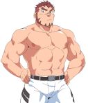  1boy akashi_(live_a_hero) alternate_costume bara bulge gradient_hair hands_on_hips highres live_a_hero looking_at_viewer male_focus multicolored_hair muscle pectorals pout red_eyes red_hair ruizu_(takakisan503) shirtless short_hair sideburns simple_background solo thick_eyebrows thick_thighs thighs white_background 
