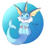  :3 absurdres animal_focus artist_name blue_eyes blue_theme border bubble full_body happy highres kryztar no_humans open_mouth outside_border pawpads pokemon pokemon_(creature) round_image signature smile solo vaporeon white_border 