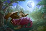  absurd_res arkari cuddling detailed detailed_background detailed_fur detailed_scales dragon duo female feral full_moon hi_res lake levitus male male/female moon night outside river romantic salvatrix scales sky sleeping star starry_sky text tree 
