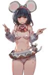  1girl animal_ears bikini black_hair blush bow bow_(bhp) bowtie breasts chinese_zodiac detached_sleeves double_v fake_animal_ears granblue_fantasy grey_bow hair_bobbles hair_ornament hairband hairclip heart legs_together long_sleeves looking_at_viewer medium_breasts medium_hair micro_bikini microskirt mouse mouse_ears navel pleated_skirt red_bow red_eyes red_neckwear side-tie_bikini simple_background skirt solo standing sunglasses swimsuit thigh_gap v vikala_(granblue_fantasy) wavy_mouth white_background white_bikini year_of_the_rat 