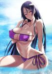  1girl arched_back armlet bangs bare_shoulders beads bikini breasts choker cleavage collarbone eyepatch_bikini fate/grand_order fate_(series) highres kawabata_yoshihiro large_breasts long_hair looking_at_viewer low-tied_long_hair minamoto_no_raikou_(fate/grand_order) minamoto_no_raikou_(swimsuit_lancer)_(fate) parted_bangs purple_bikini purple_eyes purple_hair smile swimsuit thighs very_long_hair water wet 