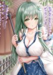  1girl :o akino_irori arm_under_breasts arms_up bare_shoulders blue_skirt blurry_foreground breasts cleavage collarbone commentary_request day detached_sleeves eyebrows_visible_through_hair fence flower frog_hair_ornament green_eyes green_hair hair_ornament hair_tubes highres holding holding_umbrella kochiya_sanae large_breasts light_blush long_hair looking_at_viewer oriental_umbrella outdoors partial_commentary patterned_clothing skirt snake_hair_ornament solo standing touhou umbrella upper_body very_long_hair wisteria wooden_fence 