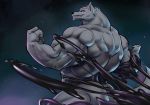  anthro arulust big_muscles black_goo canid canine canis corruption flexing flexing_bicep from_behind_angle fur goo_creature grey_body grey_fur grin hi_res huge_muscles hyper hyper_muscles male mammal marvel muscular muscular_anthro muscular_male pcz pose purple_light rear_view simple_background smile solo standing symbiote transformation venom_(marvel) wolf wolf_tail 