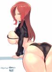  1girl ass bent_over bikini black_bikini breasts brown_eyes clothes_lift hair_over_one_eye highres large_breasts looking_at_viewer looking_back parasoul_(skullgirls) red_hair ryuji_(red-truth) simple_background skullgirls solo sweater sweater_lift swimsuit thick_thighs thighs twitter_username white_background 