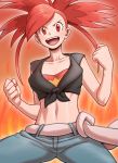 1girl :d bangs black_shirt blue_pants blush breasts clenched_hands collarbone commentary cowboy_shot flannery_(pokemon) gym_leader long_hair looking_at_viewer medium_breasts midriff navel nutkingcall open_mouth outline pants pokemon pokemon_(game) pokemon_oras ponytail red_background red_eyes red_hair shirt sleeveless sleeveless_shirt smile solo standing strapless swept_bangs tied_shirt towel tubetop upper_teeth w_arms 