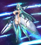  1girl android aqua_hair bangs blue_eyes blunt_bangs bow breasts cleavage covered_nipples energy_sword floating floating_hair floating_swords generic_ooban_yaki gun hair_bow hairband highres holding holding_gun holding_weapon large_breasts leotard long_hair looking_ahead mecha_musume open_hand open_mouth original science_fiction space sword thighhighs very_long_hair weapon white_bow white_hairband y-0_(generic_ooban_yaki) 
