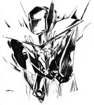  absurdres black_eyes close-up daue gundam gundam_barbatos gundam_tekketsu_no_orphans highres marker_(medium) mecha monochrome no_humans science_fiction signature sketch traditional_media v-fin white_background 