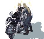  2boys armor blonde_hair blush boots cloud_strife final_fantasy final_fantasy_vii final_fantasy_vii_remake ground_vehicle highres long_hair male_focus motor_vehicle motorcycle mullet multiple_boys open_mouth poi_poifu roche_(ff7r) shadow shoulder_armor simple_background sitting sleeveless smile sparkle spiked_hair standing suspenders sweat white_background 