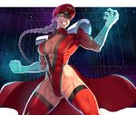  1girl armor braid breasts cleavage_cutout clothing_cutout genderswap genderswap_(mtf) grey_hair hat highleg highleg_leotard highres large_breasts leotard long_braid long_hair long_sleeves muscle muscular_female ogami pauldrons peaked_cap red_headwear red_legwear red_leotard shoulder_armor single_braid solo street_fighter thighhighs vega very_long_hair white_eyes 