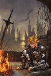  1boy armor blonde_hair bonfire_(dark_souls) brown_eyes city crossover dark_sky dark_souls dirty dirty_face dragon highres link malin_falch pointy_ears ponytail sitting soldier_link solo souls_(from_software) the_legend_of_zelda the_legend_of_zelda:_breath_of_the_wild 