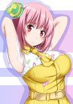  1girl bangs belt breasts commentary hair_ornament highres kamen_rider kamen_rider_ex-aid_(series) looking_at_viewer musical_note necktie pandacross pink_hair poppi_pipopapo red_eyes short_hair solo 