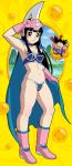  1girl :d absurdres armor bangs bikini bikini_armor black_eyes black_hair blue_bikini blue_cape blue_choker blunt_bangs blush boots breasts bright_pupils cape cape_hold caricature chi-chi_(dragon_ball) choker cleavage closed_mouth dragon_ball dragon_ball_(classic) dragon_ball_(object) flying_nimbus full_body gloves hand_up highres long_hair looking_at_viewer medium_breasts navel open_mouth pink_footwear pink_gloves sakkan shoulder_armor smile solo_focus son_goku spaulders standing swimsuit w white_pupils 