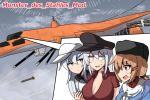  3girls aircraft aircraft_request anchor_necklace black_bow black_headwear black_sailor_collar blue_shawl bow breasts brown_eyes brown_hair brown_shirt cleavage commentary_request flat_cap gangut_(kantai_collection) gradient_sky grey_hair grey_sky hair_bow hat helicopter hibiki_(kantai_collection) inset kantai_collection komatinohu kurogane_no_houkou large_breasts long_hair low_twintails missile multiple_girls papakha peaked_cap remodel_(kantai_collection) sailor_collar scar scar_on_cheek scar_on_face scarf school_uniform serafuku shirt silver_hair sky tashkent_(kantai_collection) torn_scarf twintails upper_body verniy_(kantai_collection) white_headwear white_scarf 