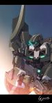  aldnoah.zero artist_name embers g.yamamoto glowing glowing_eyes green_eyes gun highres holding holding_gun holding_weapon kg-7_areion looking_down mecha military no_humans science_fiction sky solo weapon 