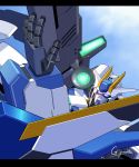  aiming artist_name blue_eyes close-up g.yamamoto glowing glowing_eyes gundam gundam_00_sky_moebius gundam_build_diver_rize gundam_build_divers gundam_build_divers_re:rise gundam_destiny_sky highres looking_up mecha no_humans science_fiction sky solo v-fin 