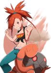  1girl bangs black_shirt breasts cleavage clenched_hands collarbone commentary_request eyebrows_visible_through_hair flannery_(pokemon) gen_3_pokemon green_pants grin gym_leader hair_tie high_ponytail highres long_hair looking_at_viewer medium_breasts midriff navel pants pokemon pokemon_(creature) pokemon_(game) pokemon_masters_ex pokemon_oras ponytail red_eyes red_hair sekiro_(skr-2029) shirt sleeveless sleeveless_shirt smile standing strapless swept_bangs tied_shirt torkoal tubetop w_arms white_background 